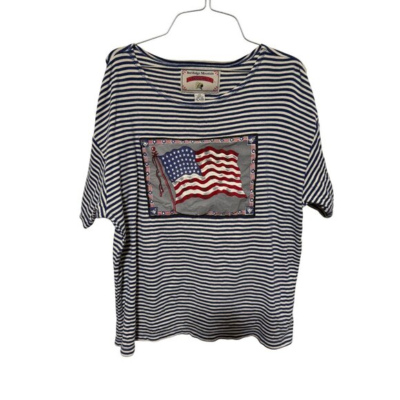 Red Ridge Mountain Outfitters Top Blue White Stripe with American Flag L - Picture 1 of 4